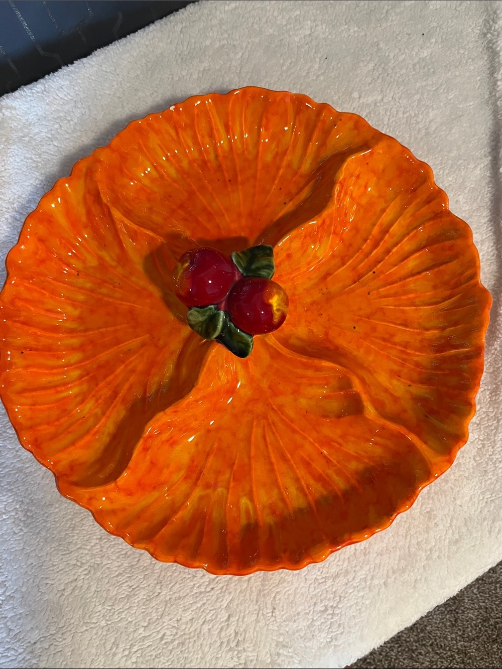 Vintage Maurice Ceramics Orange Ceramic Divided Serving Dish with Fruit Accent